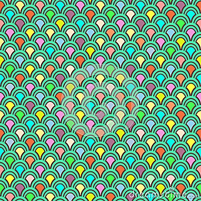 Multicolor fish scales seamless pattern, graphic ornament, animalistic ornament, rainbow illustration, vector background. Colorful Vector Illustration